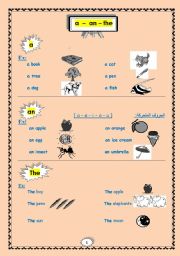 English worksheet:  (a -an -the) definite and indefinite articles.