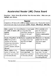 English worksheet: Accelerated Reader Choice Board