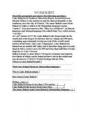 English worksheet: Lake Baikal WorkSheet