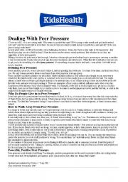 English Worksheet: Dealing with peer pressure - reading