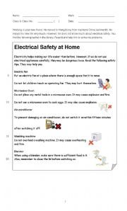 English Worksheet: Electicity Safety