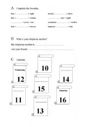 English worksheet: Numbers 1-20 plus the week