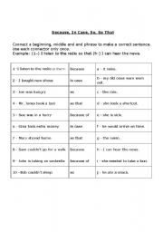 English Worksheet: Because, In Case, So, So That