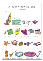 English Worksheet: a sunny day at the beach (2pages)