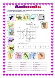 English Worksheet: Animals - crossword (B&W version included)