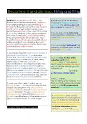 English Worksheet: HIRING AND FIRING; RECRUITMENT AND DISMISSAL; ADVERTISEMENT, VOCABULRY IN CONTEXT WITH COLOURS