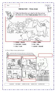 English Worksheet: Test   little kids  2 PAGES - EDITABLE - B&W