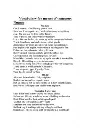 English worksheet: means of transport vocabulary and prepositions