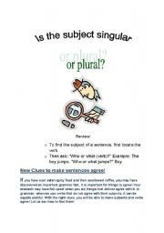 English worksheet: Is the subject singular or plural? Clues!