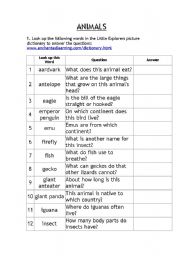 English worksheet: Animals Internet Activity