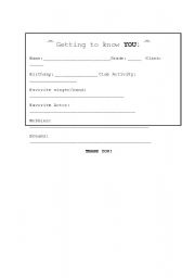 English worksheet: Getting to know you questions