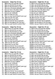 English Worksheet: Conversation - To Be in the Past
