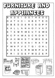 English Worksheet: FURNITURE AND APPLIANCES WORDSEARCH