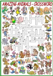 English Worksheet: AMAZING ANIMALS - CROSSWORD (KEY AND B&W VERSION INCLUDED)