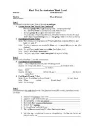 English worksheet: Final Test based on Streamline Departures-OUP