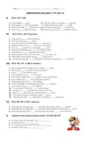 English Worksheet: Prepositions To / in / at