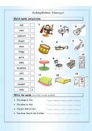 English Worksheet: Vocabulary Matching Worksheet - Elementary 2.4 - Musical Instruments & House words