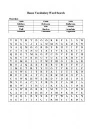 English Worksheet: House Vocab Word Search