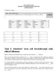 English worksheet: Reading. Stem Cells