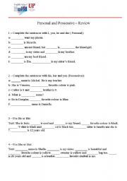 English worksheet: Possessives and  Personal review