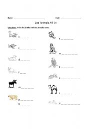 English Worksheet: Zoo Animals Fill-In