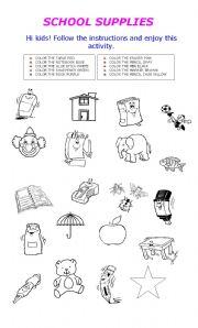 English Worksheet: SCHOOL SUPPLIES AND COLORS