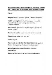 English worksheet: Chinese astrology personal characterisitics