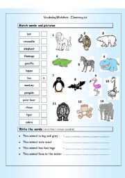 Vocabulary Matching Worksheet - Elementary 2.6 - WILD ANIMALS