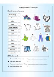 Vocabulary Matching Worksheet - Elementary 2.7 - CLOTHES