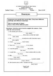 English Worksheet: Homonyms