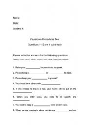 English worksheet: Classroom Rules Test