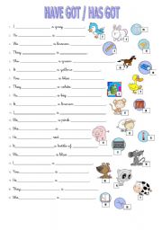 English Worksheet: HAVE GOT/ HAS GOT WITH ANIMALS AND SCHOOL OBJECTS