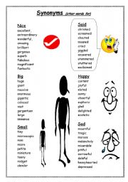 English Worksheet: Synonyms for : nice, big, small, said, happy sad