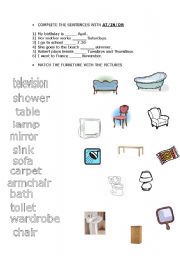 English worksheet: Prepositions: at/in/on and Furniture