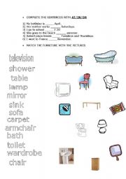 English Worksheet: Prepositions: at/in/on and Furniture