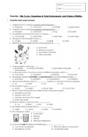 English Worksheet: lifecycle, organism, states of matter