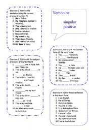 English Worksheet: verb to be singular positive 1