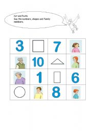 English worksheet: shapes , numbers and family members