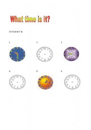 English worksheet: TELLING THE TIME: INFORMATION GAP  (StudentB)