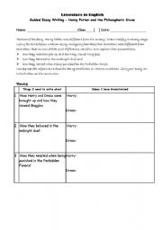 English Worksheet: Harry Potter Book 1 Guided Essay 1