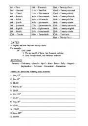 English Worksheet: Ordinal Numbers, dates and Months of the year
