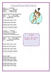 English worksheet: Music I wanna know what love is with exercises