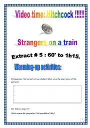 English Worksheet: Video time! STRANGERS ON A TRAIN by Alfred HITCHCOCK - Extract # 5 (15 tasks, 8 pages, KEY included)