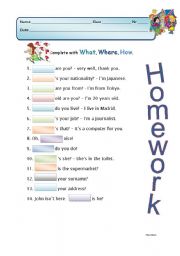 English Worksheet: what, where and how