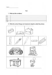 English worksheet: Test on numbers, schools things, easy questions