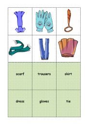 English Worksheet: BINGO CLOTHES student cards 1/6