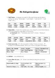 English Worksheet: Six Categories Warm Up Game