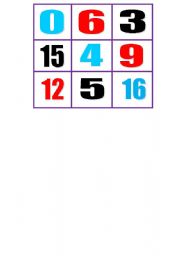 English worksheet: bingo with numbers and colours (from 0 to 20)