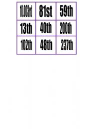 English Worksheet: bingo with ordinal numbers