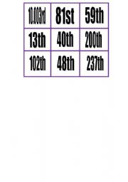 English worksheet: bingo with ordinal numbers